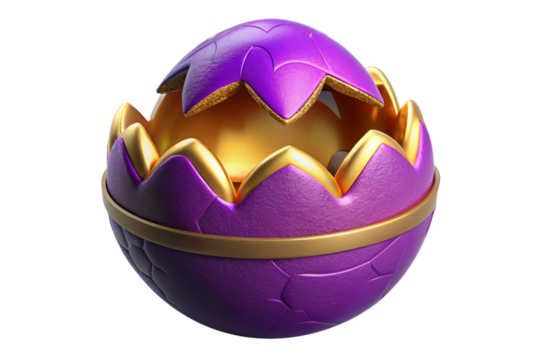 Ornate purple and gold cracked easter egg isolated on transparent background