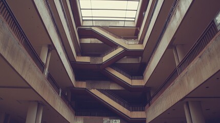 Obraz premium Abandoned building's interior, showcasing a multi-story staircase and aged architecture with a skylight above