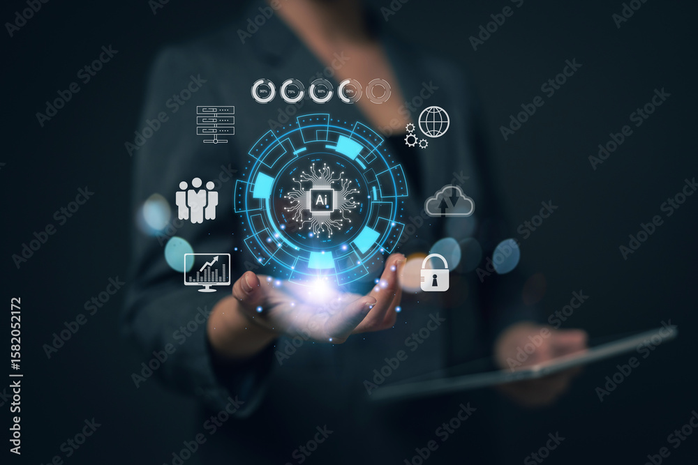 Poster chatbot chat with ai artificial intelligence. concept of using ai technology to help work in order t