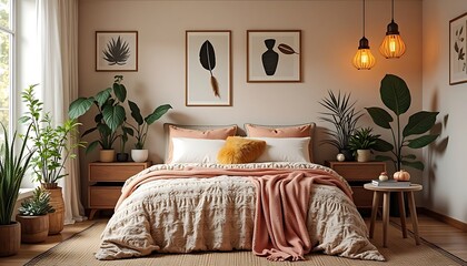 Cozy Beige Bedroom with Plants and Earthy Accents, Natural Light