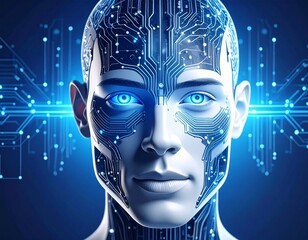 A futuristic human face with integrated circuit patterns and glowing lines representing artificial intelligence and digital brain interface. The blue lighting and high-tech details emphasize the conce