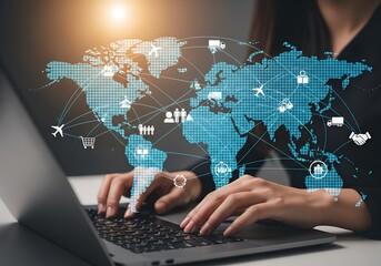 Businesswoman uses a laptop to access a global network illustrating international trade and worldwide connections