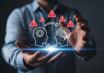 Conceptual illustration displaying digital innovation human brain interconnected network with alert symbols floating
