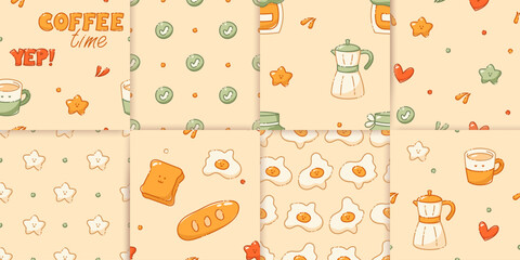 A set of kawaii seamless patterns for a coffee-themed drawn in pastel colors. Includes geyser coffeemaker, jam, stars, bread, cup, check points.