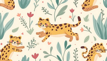 Cute Cartoon Leopard Pattern with Floral Accents on Beige Background