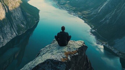 Man sitting alone on cliff edge overlooking scenic fjord landscape in norway, enjoying aerial view from reinebringen mountain summit during outdoor adventure backpacking vacation in lofoten islandsmar