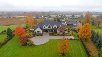 Naklejka premium Aerial view of a large house on a spacious property in autumn. The landscape showcases vibrant fall foliage, manicured lawns, and a curved driveway