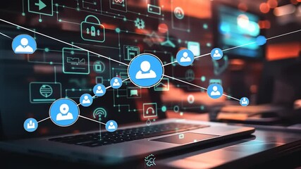 Digital network connection with user icons and data flow on a laptop in a modern workspace - Powered by Adobe