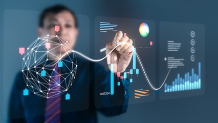 Businessman Analyzing Global Data and Financial Charts on Advanced Digital Dashboard
