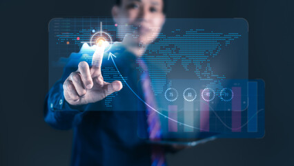 Businessman Targeting Global Market on Interactive Digital Map and Business Dashboard