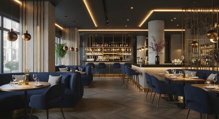 Fototapeta premium Luxurious Restaurant Interior with Bar and Seating Area