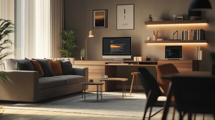 A modern living room transformed into a productive remote work environment, ergonomic furniture, multiple devices connected for seamless business operations, warm and inviting yet professional setting