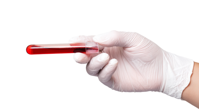 Hand in glove holding a blood test tube