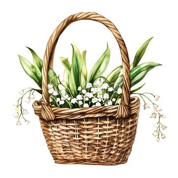 Wicker basket filled with delicate lily of the valley flowers and verdant leaves against a transparent background showcases nature's beauty.
