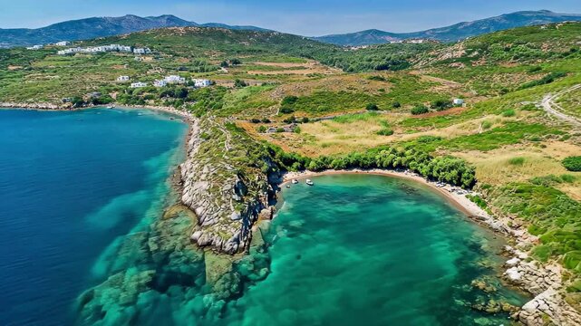 Breathtaking aerial view of Paros island capturing its stunning coastline and crystal clear waters, Picturesque aerial view of Paros island in Greece Sea shore and harbor