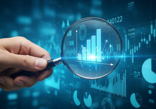 Magnifying glass examining growth graphs and financial data representing business analysis and market trends - Powered by Adobe