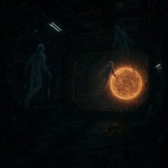 Abandoned Space Station Orbiting Dying Star with Flickering Lights and Ghostly Shadows in Zero Gravity