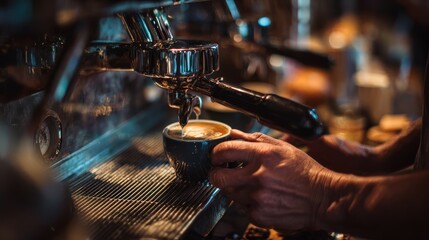 Naklejka premium Close-up of baristas hands preparing a latte using a shiny portafilter. Warm lighting, blurred coffee shop interior. Focus on craftsmanship and details.