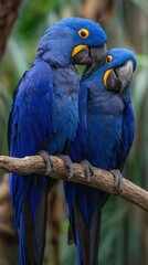 Close-up vertical view of Hyacinth Macaw couple sitting closely on a high tropical branch, heads leaned together affectionately, vibrant feathers glowing, blurred forest backdrop