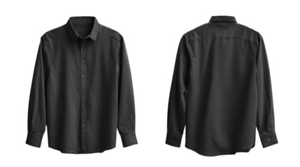 Black cotton shirt front and back flat lay with subtle wrinkles, clean white studio backdrop