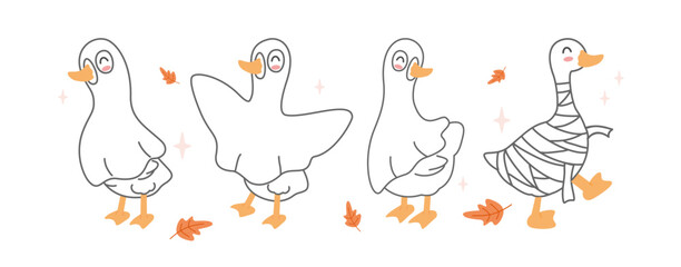 Cute Halloween ghost goose, mummy, and autumn leaves. Perfect for seasonal and spooky designs.