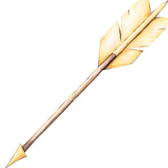 Decorative wooden arrow with gold-colored feathers and pointed tip for crafts and fantasy themes