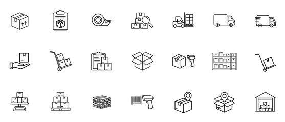 set outline icons related to logistics, shipping, and warehousing.
