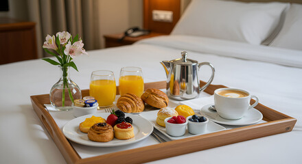 Breakfast tray on a bed.  Fresh and inviting