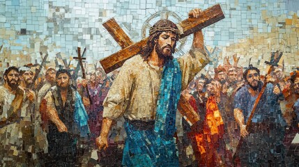 Colorful mosaic glass with scene of Jesus Christ carrying the cross, walking through the street amidst a crowd of people carrying crosses on their backs.