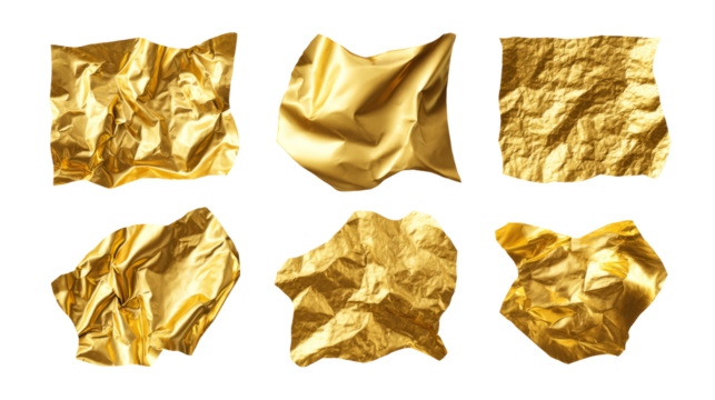 Crinkled gold foil texture element set, realistic metallic shine