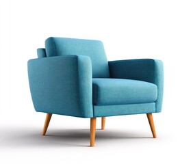Teal mid-century modern armchair with tapered wooden legs, upholstered in a textured fabric, isolated on a white background