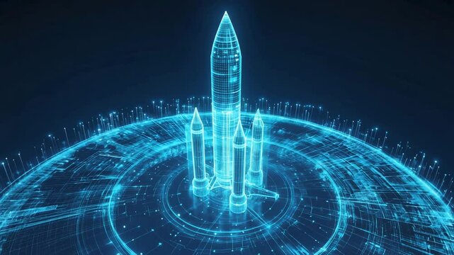 Futuristic Wireframe Rocket Launch Blueprint in Neon Digital Interface