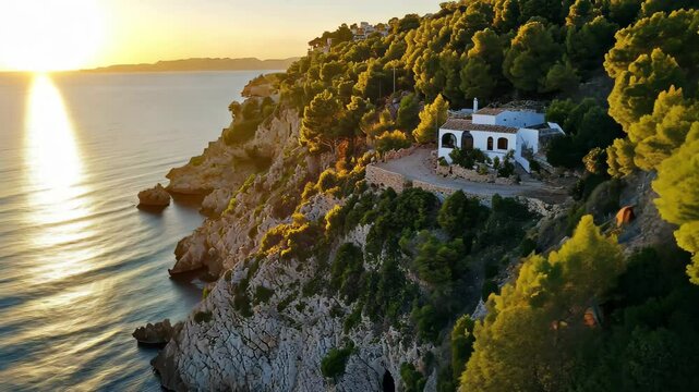 Stunning aerial view of Es Vedra Ibiza at sunset showcasing a tranquil coast and scenic landscape, Aerial view of Es Vedra Ibiza during sunset Showing ocean and clear skies