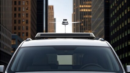 Futuristic drone on car roof city skyline technology