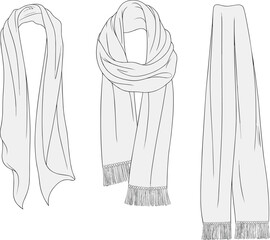 Scarf flat sketch, winter fashion accessory, detailed scarf drawing, apparel vector template, hand-drawn wrap design, cold weather wear