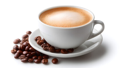 Caffeinated Indulgence: A close-up shot of a perfect cup of cappuccino, complemented by a scattering of roasted coffee beans on a sleek, white saucer, a delightful visual experience.