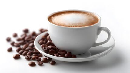 Fototapeta premium The Coffee Aroma: a captivating still life composition of a full cup of coffee on a saucer and a scattering of freshly roasted coffee beans.