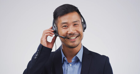 Call center, portrait and man with microphone in studio for product advice, order processing or...