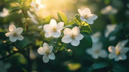 Fototapeta premium a gentle dawn light illuminating delicate white flowers nestled among vibrant green leaves creating a serene and ethereal atmosphere a symbol of hope and renewal