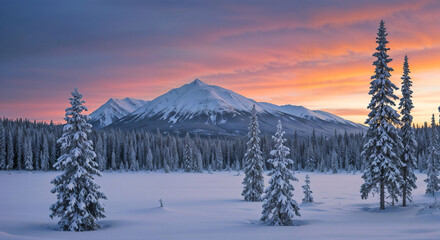 harsh northern forest landscape sunrise in the mountains . Generative AI