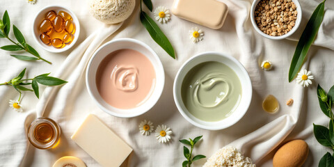 Flatlay of natural skincare products and botanical ingredients on neutral linen background with ceramic bowls, amber bottles, herbs, and flowers styled for spa, beauty, and organic cosmetic branding