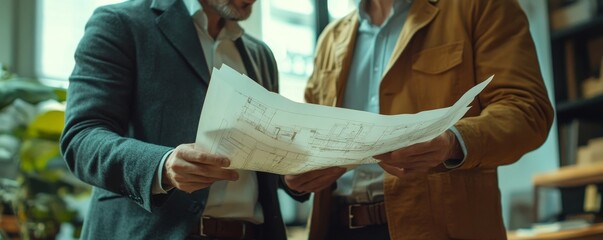 Close-up hands of a businessman from a consultancy service discussing project plans with a contractor, reviewing blueprints for real estate development, Generative AI