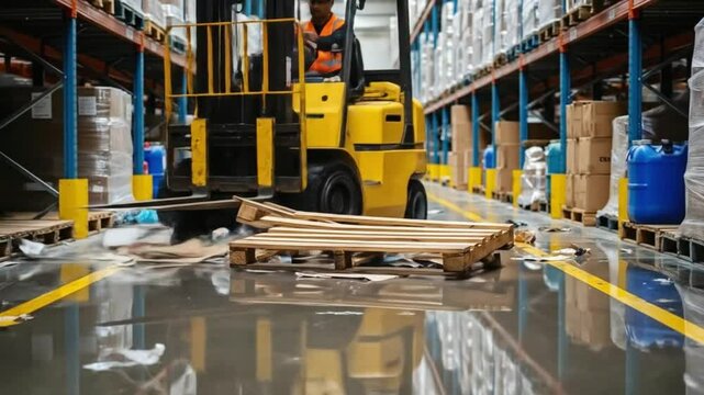 A forklift approaches a damaged pallet in a warehouse, highlighting a potential safety hazard