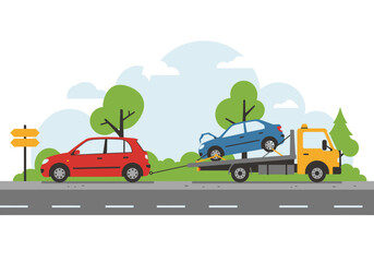 Vehicle Recovery Scene A Red Car Tows and a Blue Car is Towed on a Flatbed Truck Against a Scenic Green Landscape