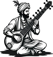 2D cartoon Indian sitar musician in a traditional pose, showcasing intricate details of the sitar and the musician's attire