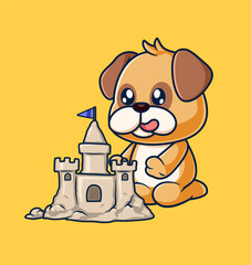Cute Pug Dog Playing Sand Castle At Beach Cartoon