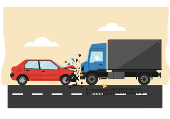 Road collision scene illustration depicting a car and truck accident with debris on the asphalt