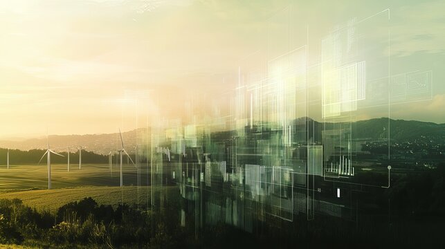 Sunrise over wind turbines, overlayed with digital data visualizations of urban planning and energy