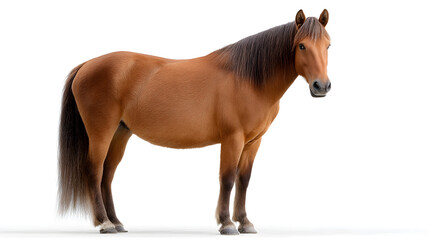 Naklejka premium Chestnut Horse Portrait: A beautiful chestnut horse stands majestically against a white background, showcasing its healthy coat and calm demeanor.