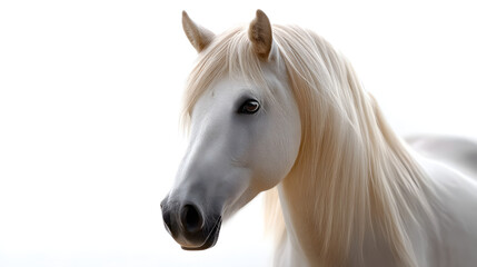Obraz premium Majestic White Horse: A stunning portrait of a pristine white horse, its graceful head and flowing mane elegantly illuminated, exuding serenity and beauty.